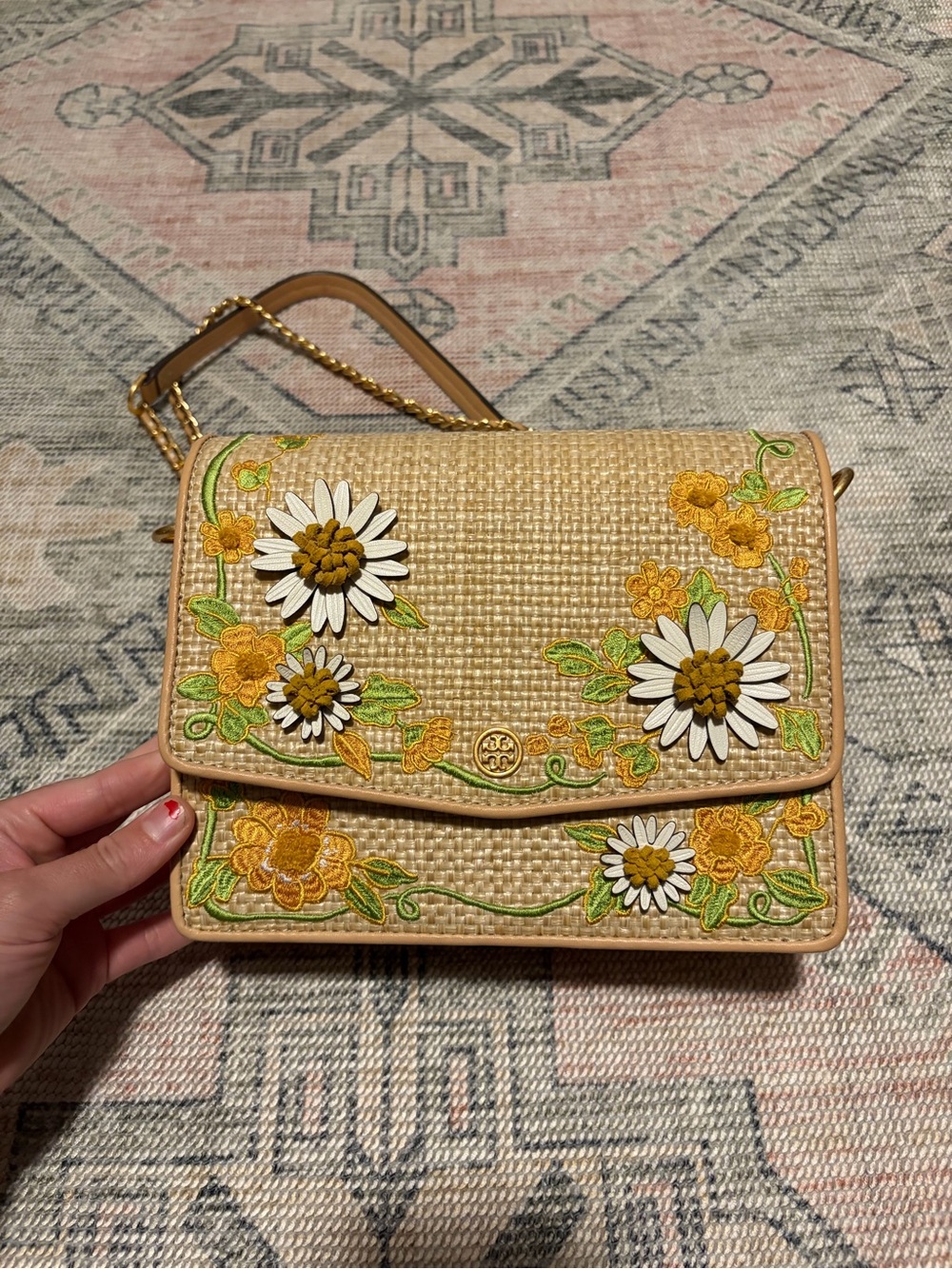 Tory Burch Embroidered Yellow Floral Woven Crossbody Bag - Picture 4 of 13